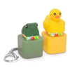 A yellow duck and green frog clicker keychain with an LED light.