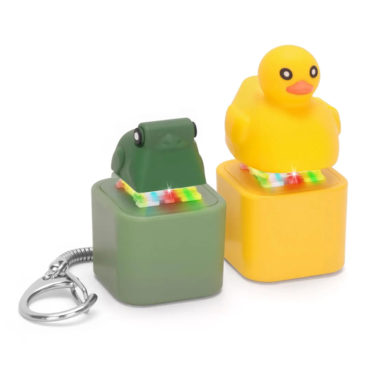A yellow duck and green frog clicker keychain with an LED light.