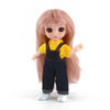 A 16cm articulated BJD princess doll with long pink hair wearing a yellow shirt and dark overalls.