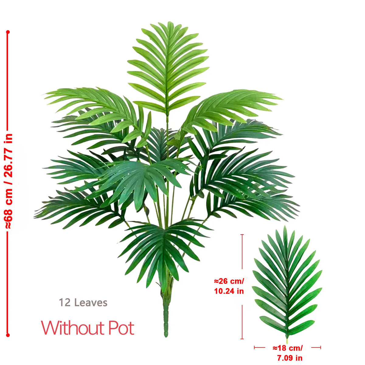 Artificial Areca palm plant with 12 green leaves shown without a pot.