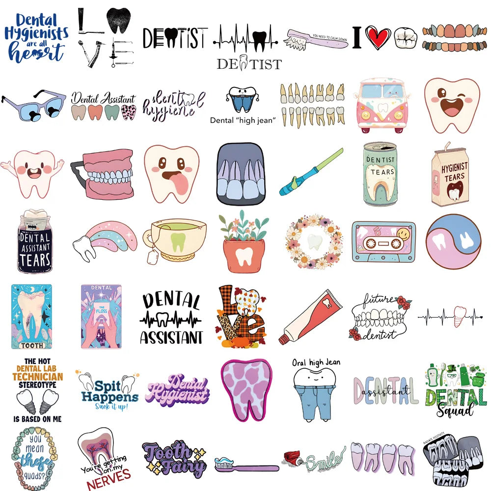 A collection of dental-themed stickers featuring various tools, teeth, and related concepts for decoration.