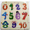 A wooden jigsaw puzzle set featuring colorful numbers and animals for toddlers.
