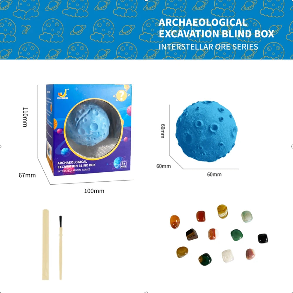 Archaeological excavation blind box featuring a blue planet gem and various colored gems.