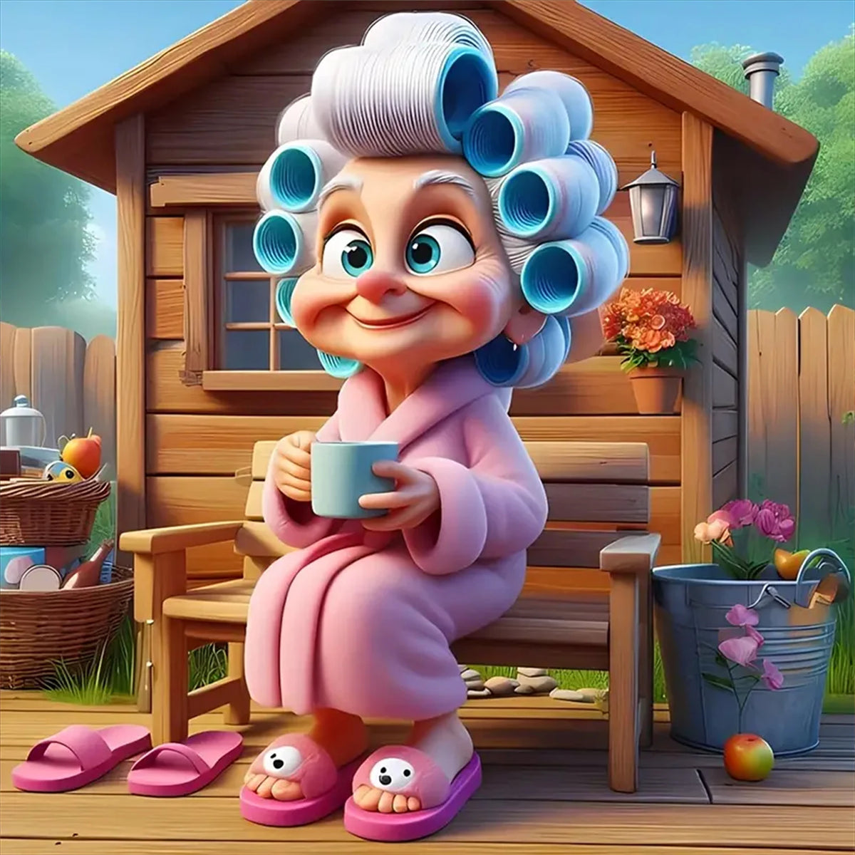 A cute, stylized woman character with white hair and blue accents sits on a wooden bench in front of a rustic wooden house.