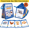 A set of 48 bilingual French-English flash cards featuring animals like sea creatures, wild animals, and farm animals.