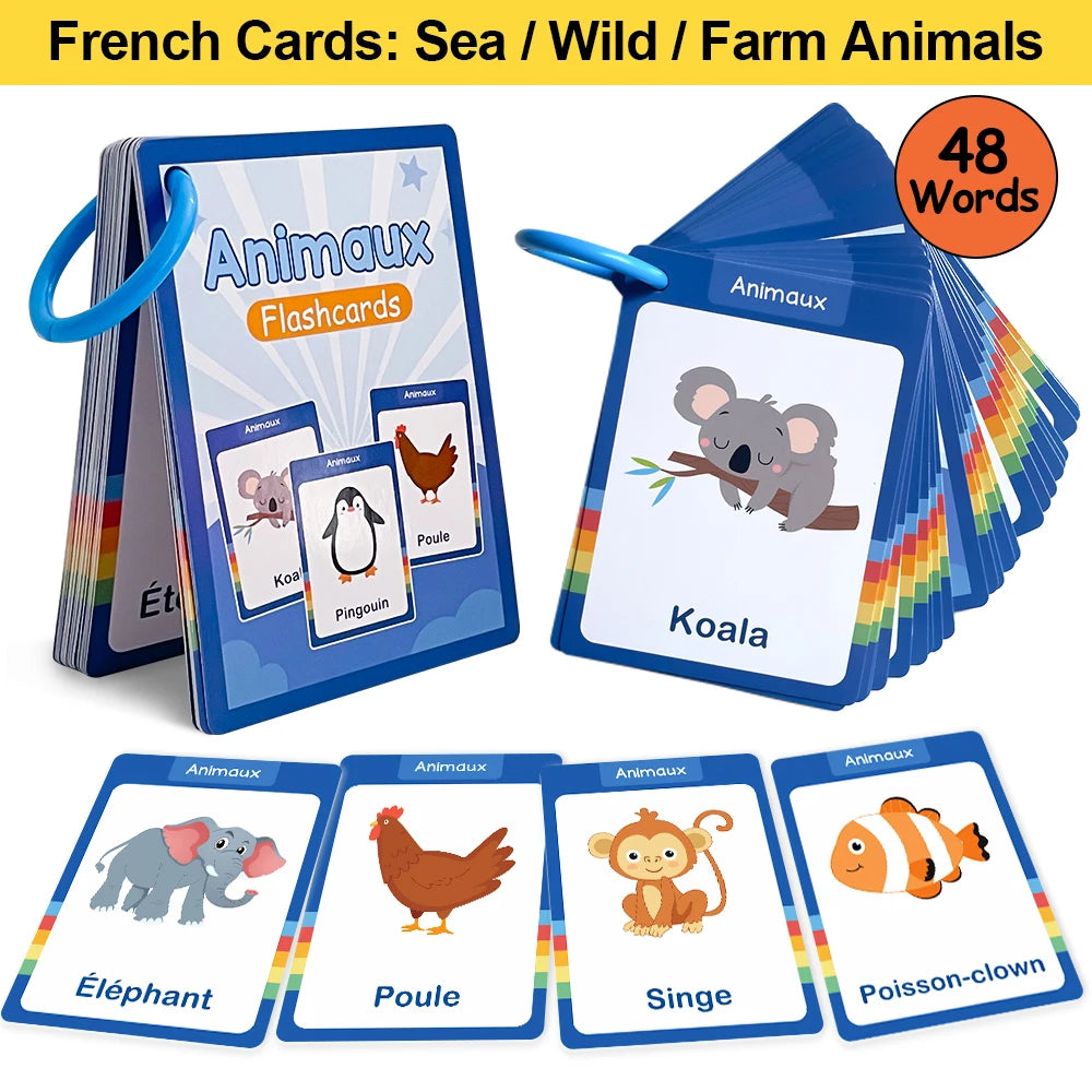 A set of 48 bilingual French-English flash cards featuring animals like sea creatures, wild animals, and farm animals.
