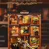 A wooden assembly of a fossil museum book nook featuring various dinosaur and prehistoric exhibits.