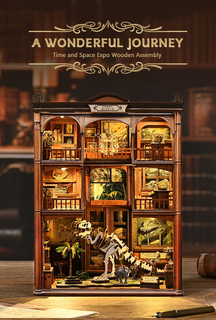 A wooden assembly of a fossil museum book nook featuring various dinosaur and prehistoric exhibits.