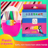 A box of 24 plastic triangular crayons in various colors is shown next to a pink plastic crayon and a yellow crayon.