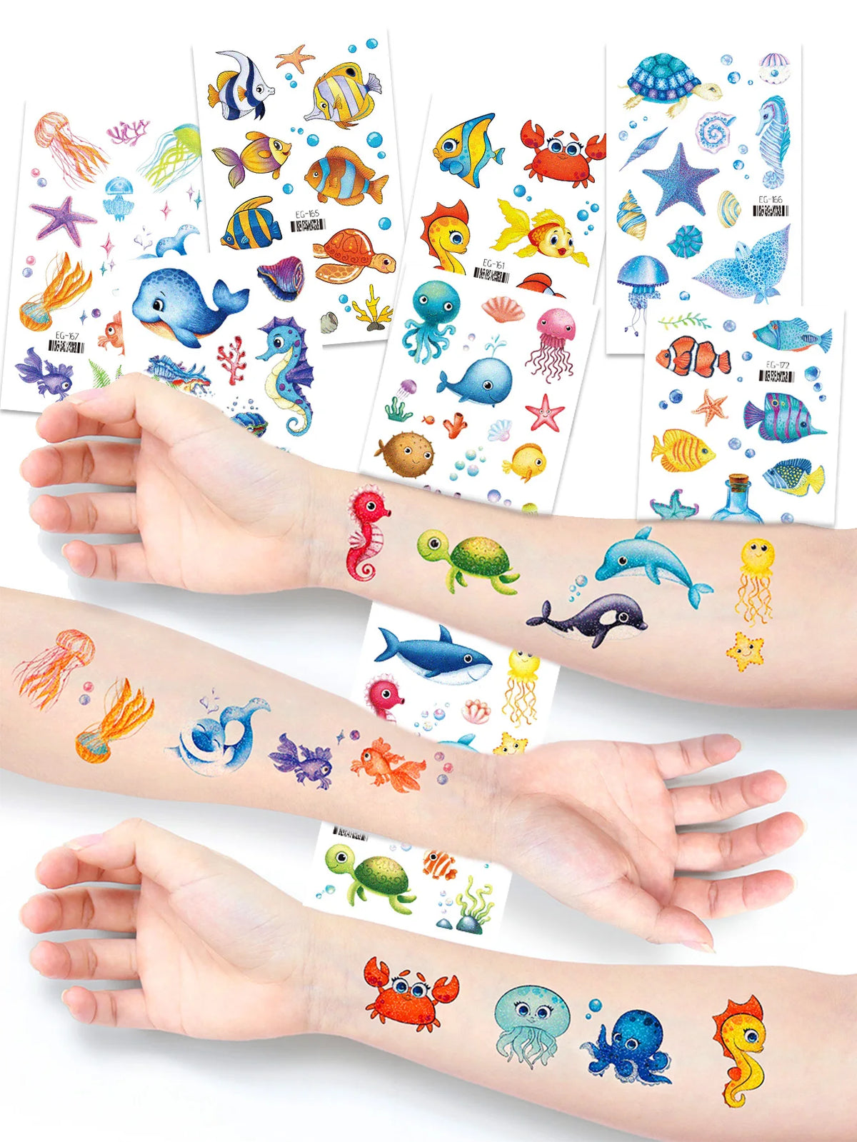 Hands display colorful glitter mermaid temporary tattoos featuring various underwater sea creatures and marine life.