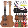 A wooden ukulele starter kit featuring a soprano ukulele, tuning pegs, and accessories.