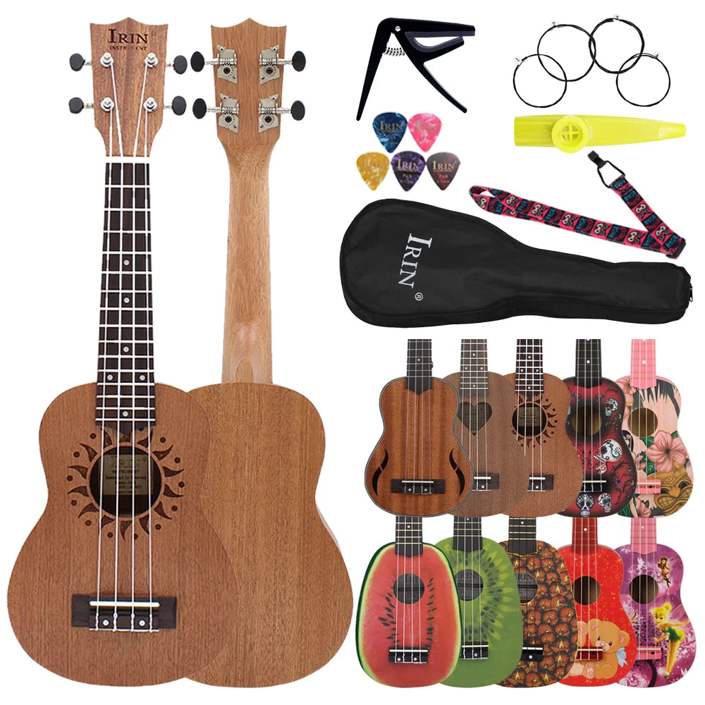 A wooden ukulele starter kit featuring a soprano ukulele, tuning pegs, and accessories.