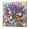 A vibrant floral arrangement painting kit featuring purple lavender, white daisies, and gold accents on a wooden frame.