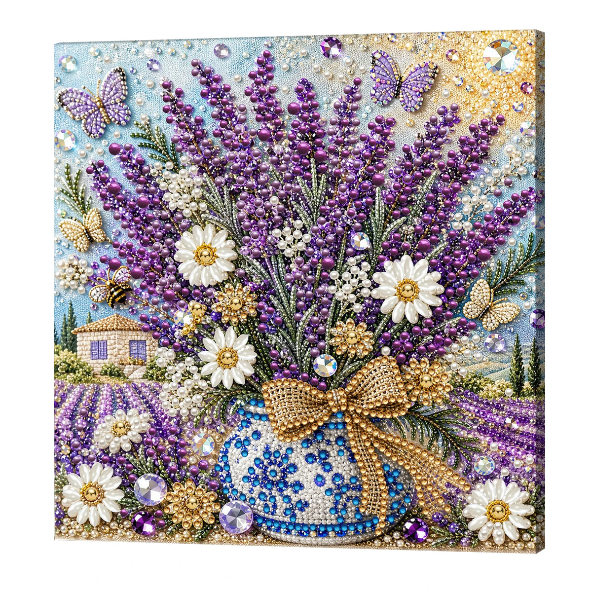 A vibrant floral arrangement painting kit featuring purple lavender, white daisies, and gold accents on a wooden frame.