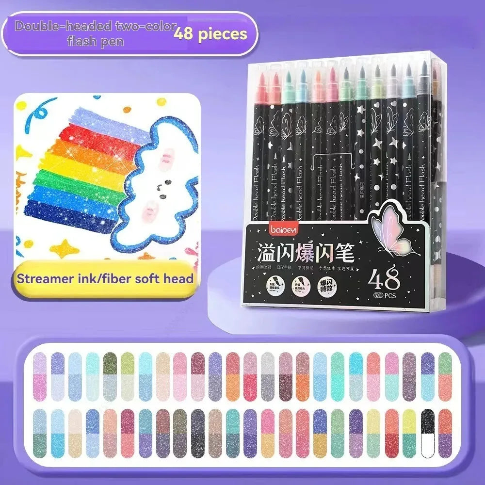 A set of 48 double-headed two-color flash pens with metallic glitter ink and fiber soft tips.