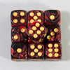 A set of ten 16mm acrylic poker dice with a dark red and black marbled pattern and gold dots.