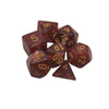 A set of seven polyhedral dice in dark red or maroon color, including d8s, d10s, and a d12.