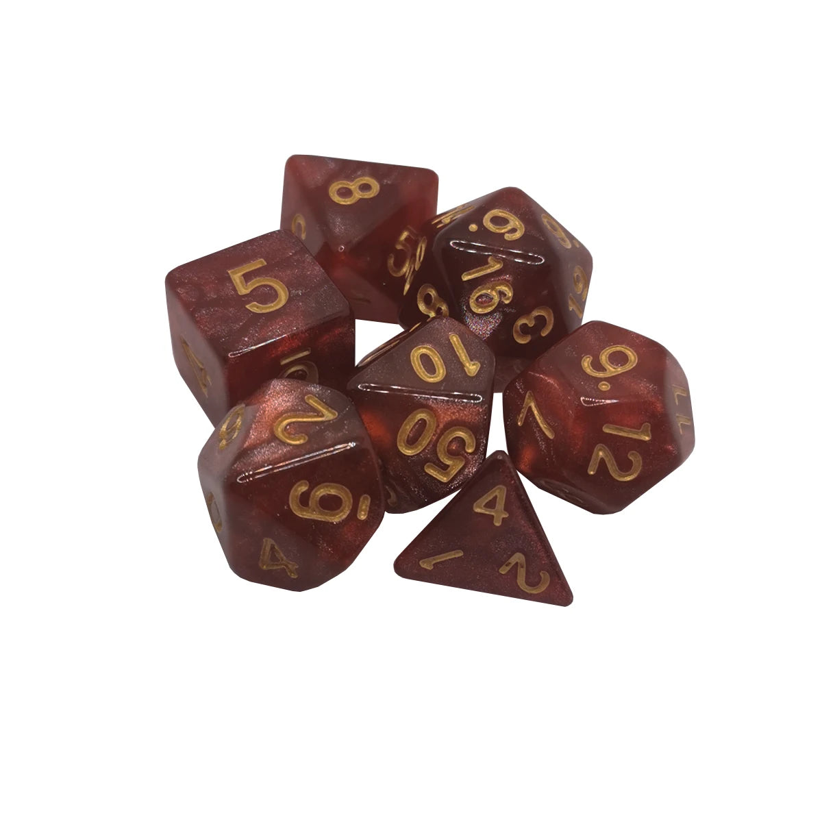 A set of seven polyhedral dice in dark red or maroon color, including d8s, d10s, and a d12.