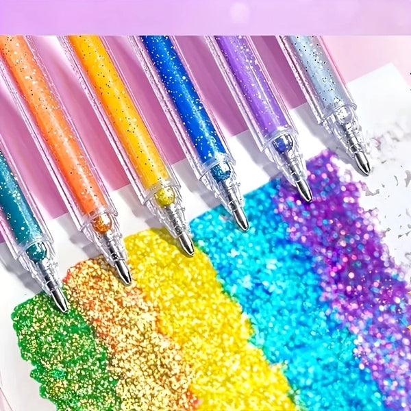 Colección de 24 bolígrafos de gel brillantes en tonos neón sobre superficie blanca.