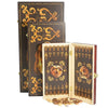 A set of folding wooden chess and checkers game boards with ornate gold detailing and wooden pieces.