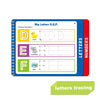 A colorful workbook set for practicing big letters D, E, and F with tracing lines and animal pictures.