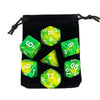 A set of polyhedral dice in various colors stored in a black fabric bag.