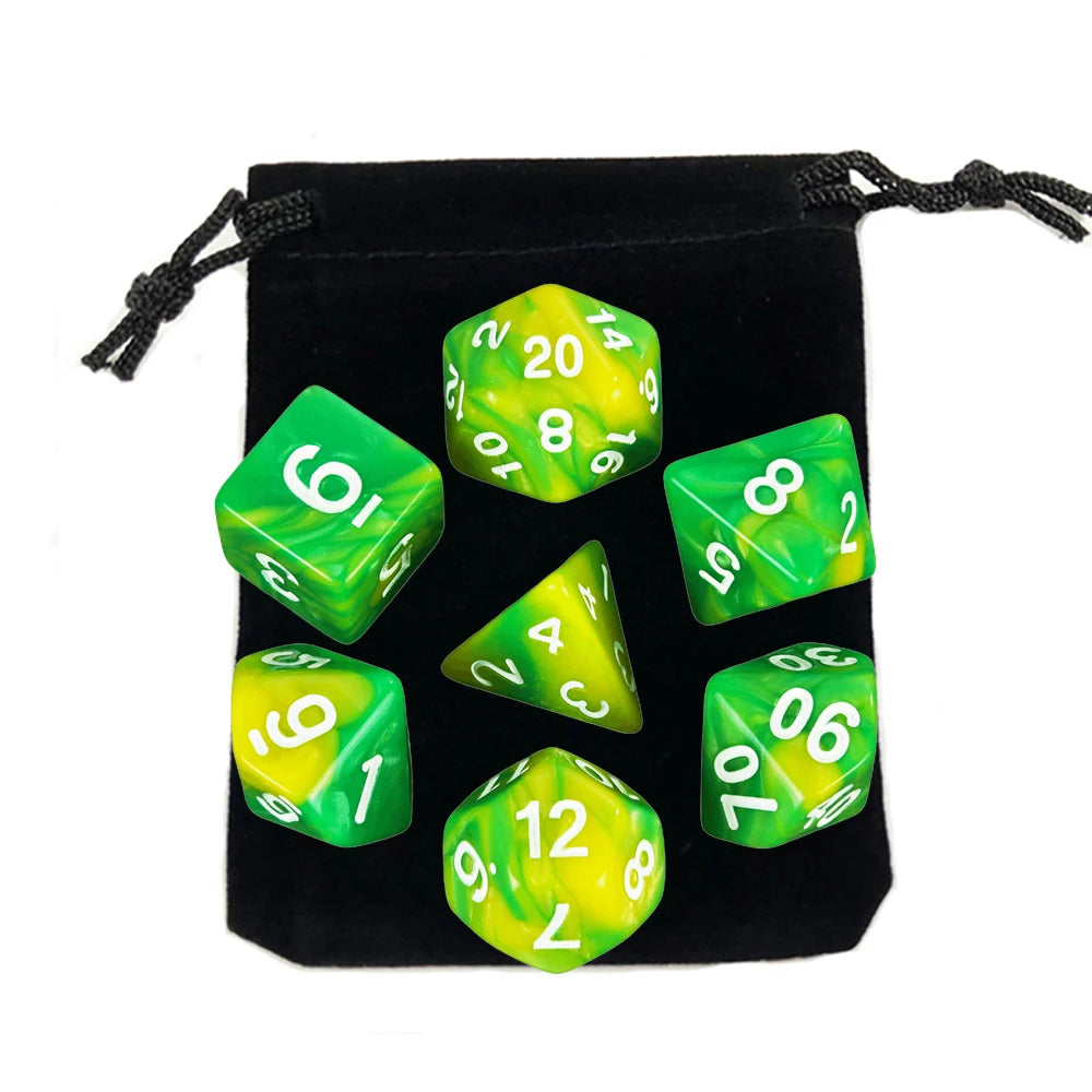 A set of polyhedral dice in various colors stored in a black fabric bag.
