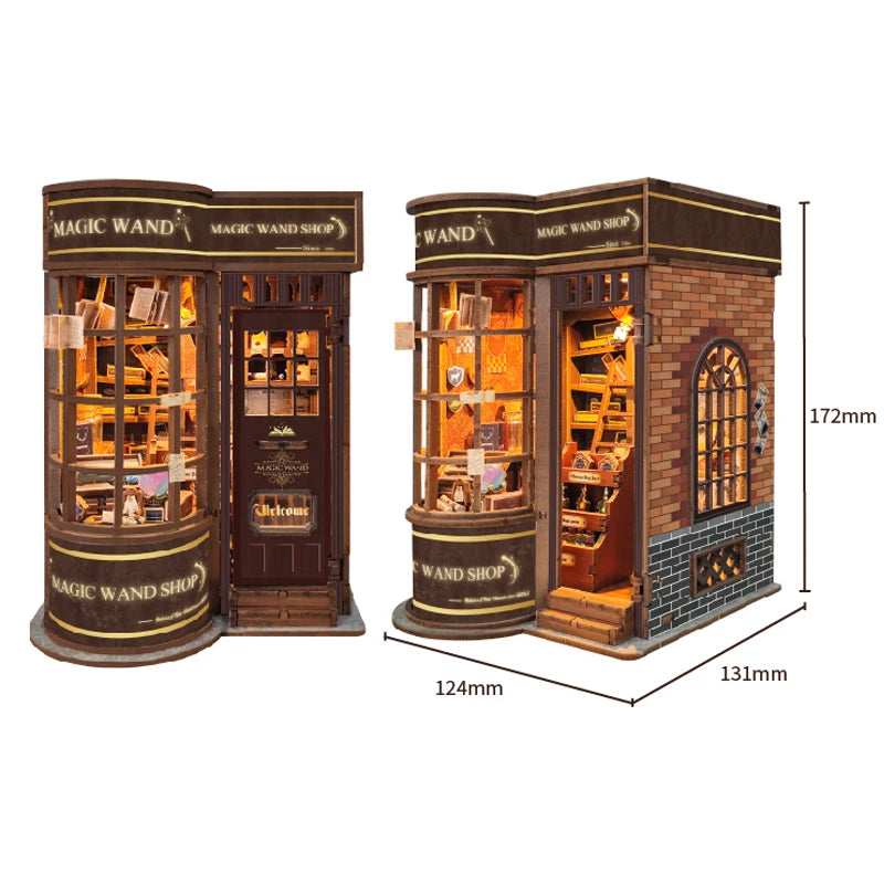 A wooden miniature kit of a retro magic wand shop with glass display cabinets and brick facade.