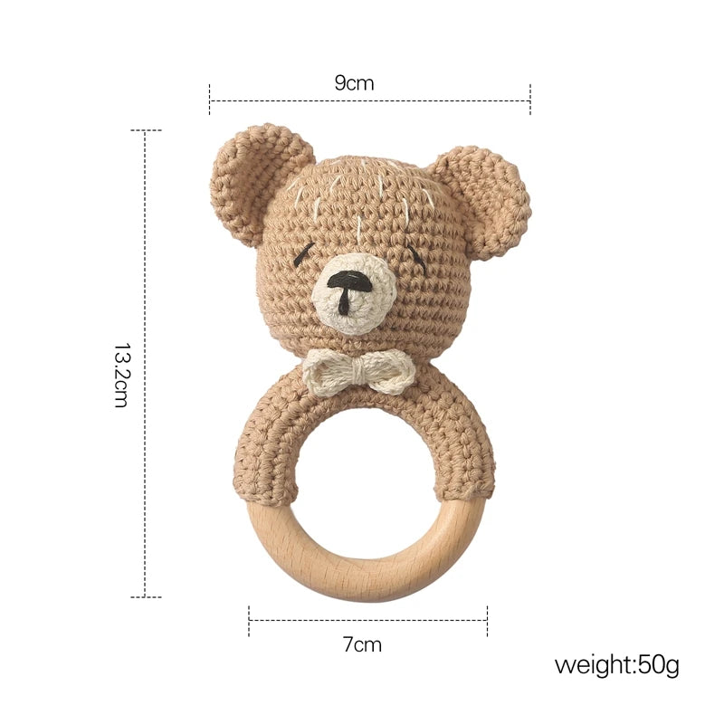 Handcrafted Wooden Crochet Animal Rattle for Babies