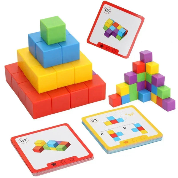 Un juego de bloques de madera coloridos para el desarrollo cognitivo, incluyendo una estructura piramidal y bloques planos.