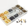 A clear plastic box containing a double cap rivet kit with various metal rivets and installation tools for leathercraft