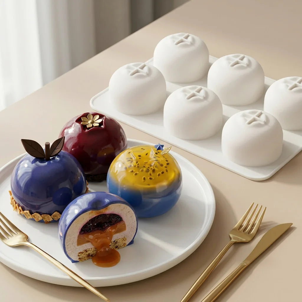 A white silicone mold is shown alongside various colorful fruits and golden utensils on a light surface.