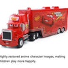 A red diecast toy hauler truck modeled after Lightning McQueen from Cars 3.
