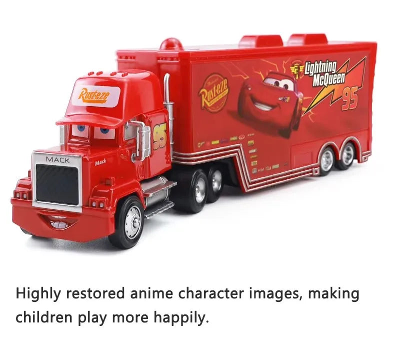 A red diecast toy hauler truck modeled after Lightning McQueen from Cars 3.