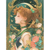 A detailed illustration of a cartoon girl with flowing hair and flowers framed by ornate gold borders and green foliage.