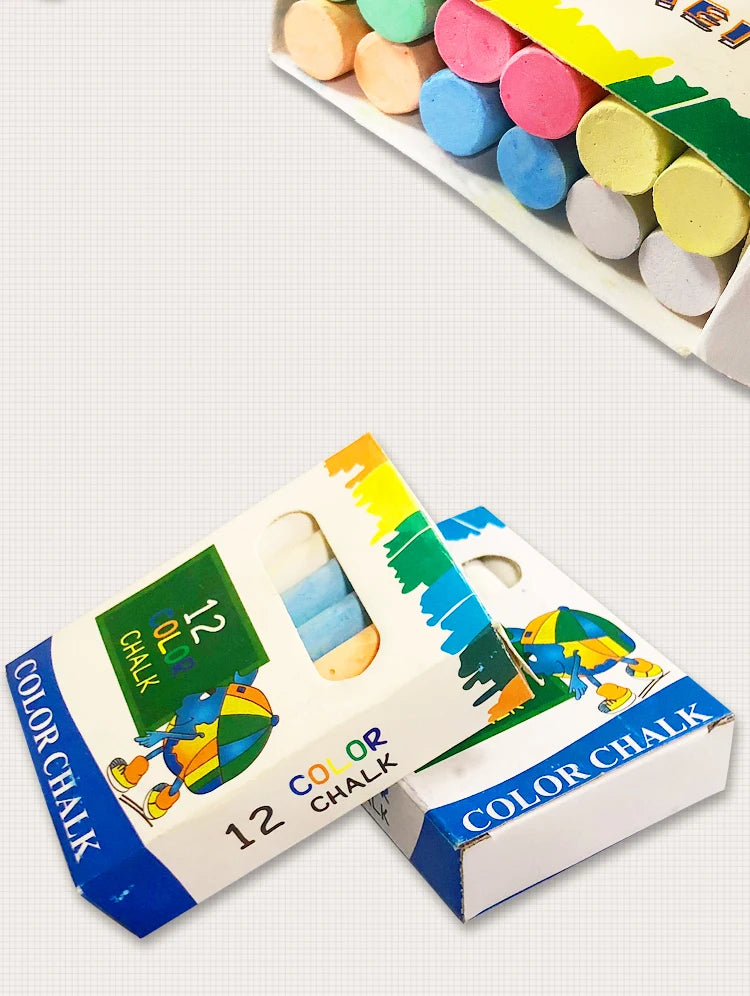 A box of 12 color chalk sticks in various colors, including yellow, pink, blue, and green.