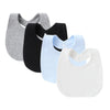Ein Set aus drei Baby-Kragen, in Grau, Schwarz und Hellblau, für Neugeborene und Kleinkinder.
