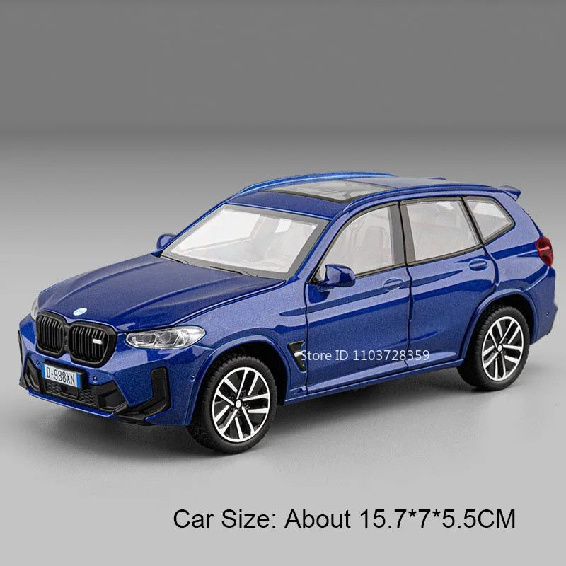 Blue BMW M4 and X3M diecast model car with lights and sound