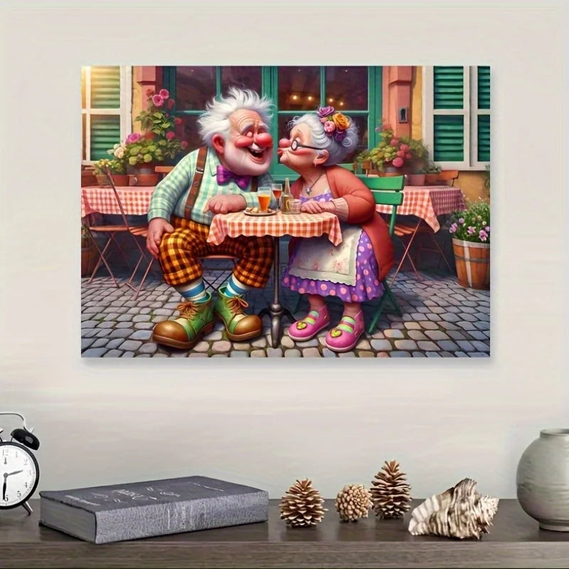 A jigsaw puzzle depicting an elderly man and woman enjoying a meal together in a café setting.