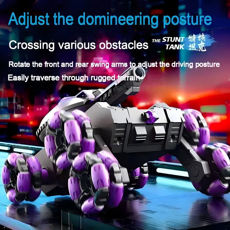 A close-up of a black and purple transformable RC stunt tank with articulated arms resting on a blue surface.