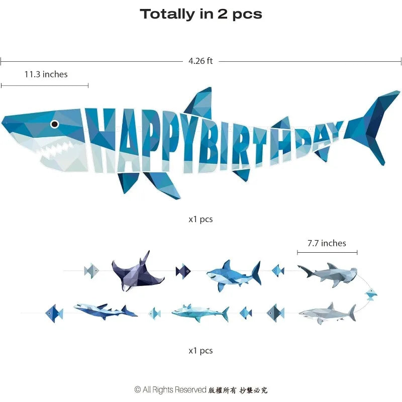 A banner featuring a shark silhouette spelling out HAPPY BIRTHDAY, along with separate geometric shark pieces for a garland s
