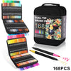A black carrying case holds a set of 168 dual-tip brush pens, including various colors and tips.