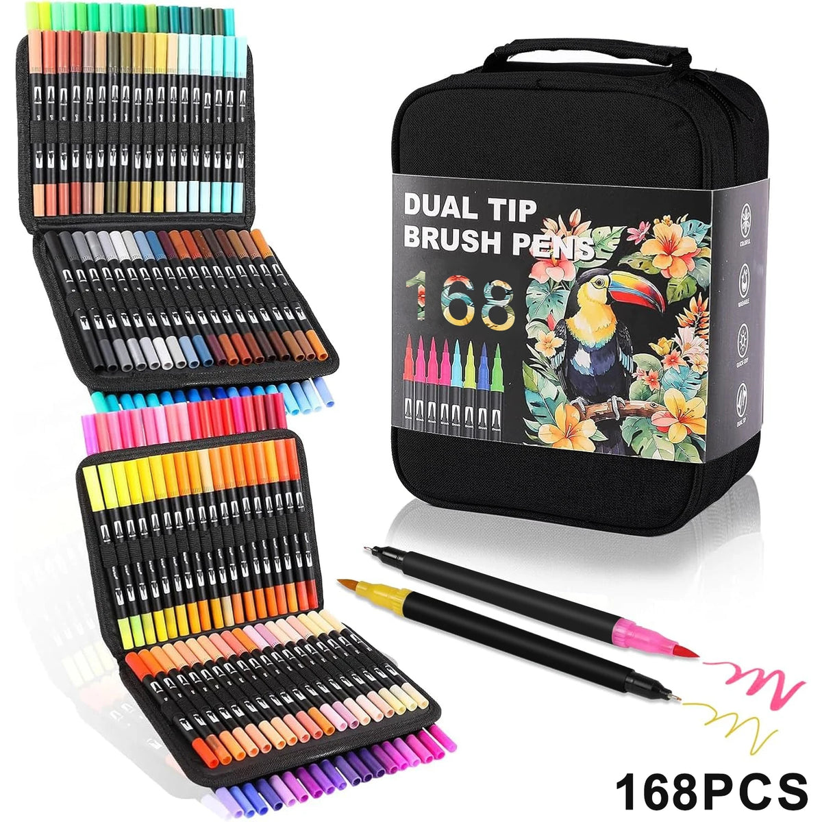 A black carrying case holds a set of 168 dual-tip brush pens, including various colors and tips.