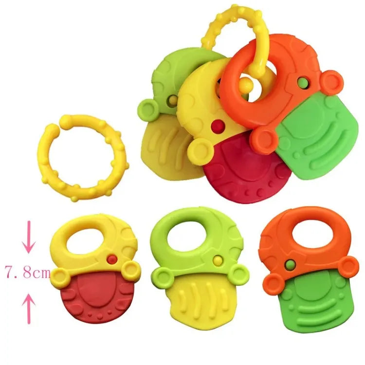 A set of colorful silicone baby teethers with various shapes and textures for soothing gums.