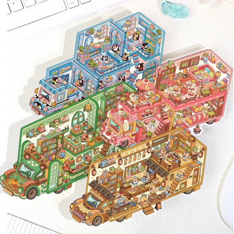 A sticker pack featuring whimsical cartoon penguins and dogs in various RV scenes and dioramas.