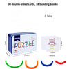 A set of 30 double-sided wooden cards and building blocks for a sorting puzzle.