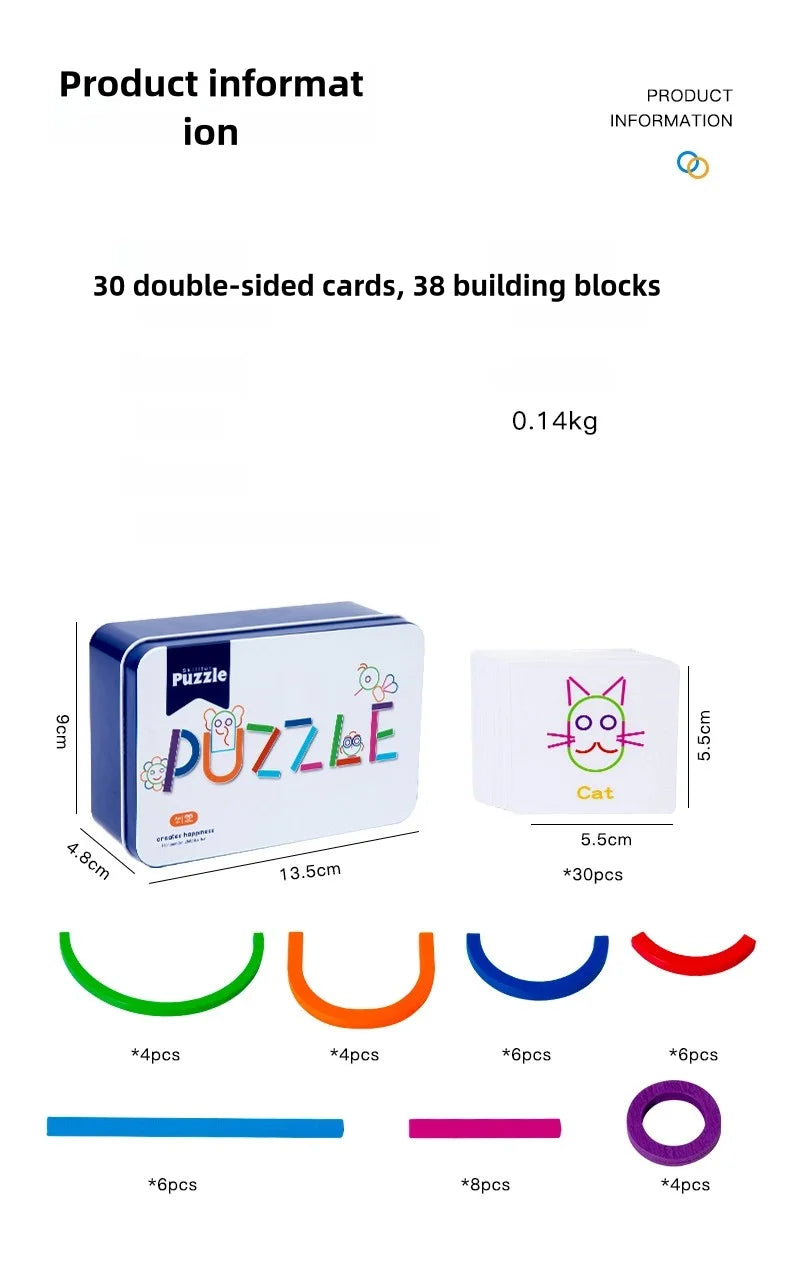 A set of 30 double-sided wooden cards and building blocks for a sorting puzzle.