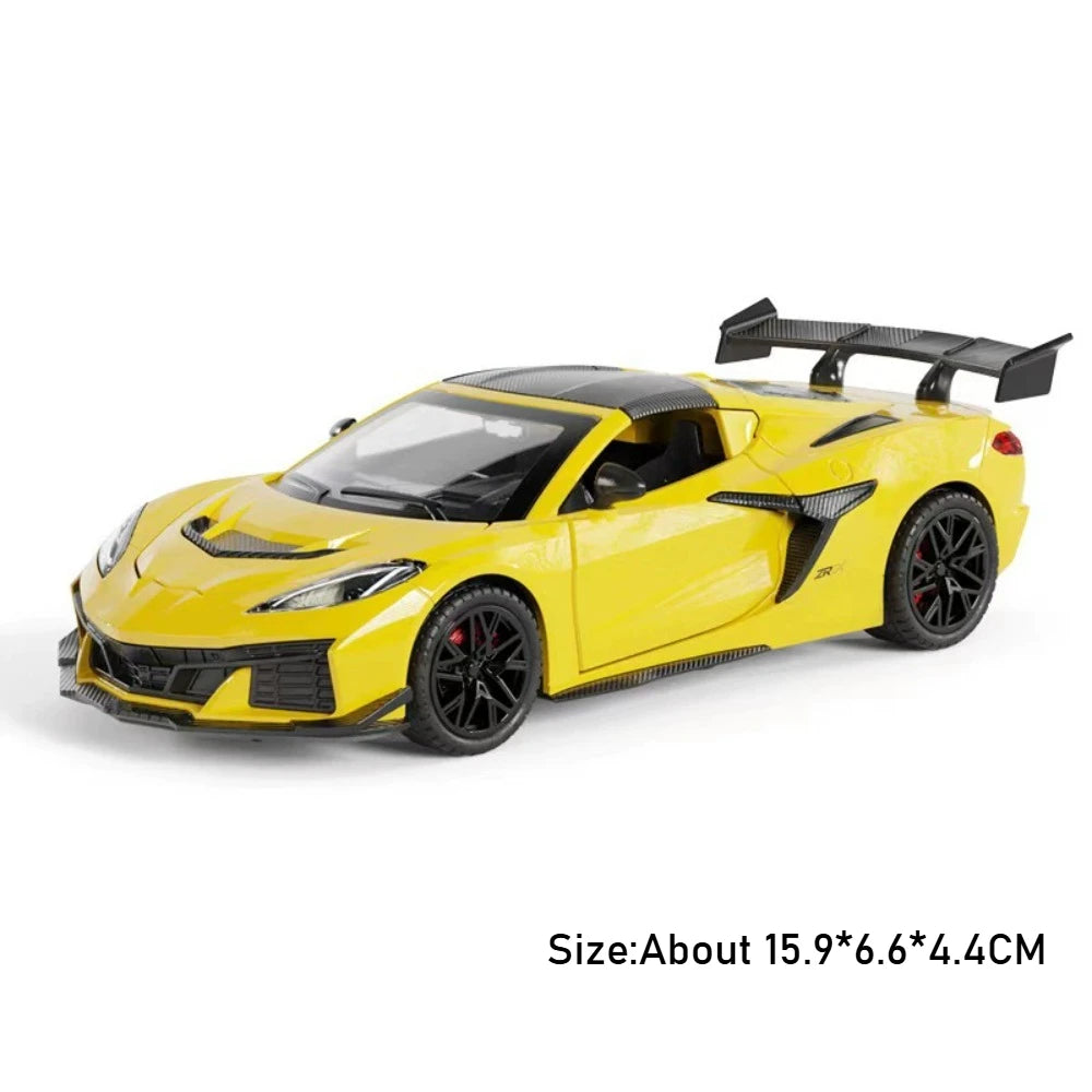 Yellow 1:32 scale diecast supercar model with pull-back action and opening doors