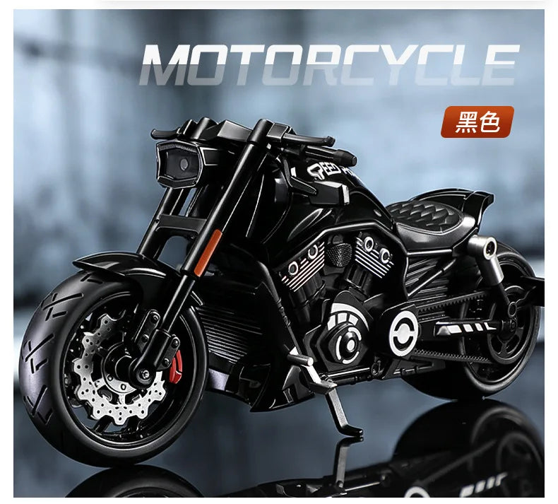A black vintage die-cast motorcycle model is shown in a studio setting.