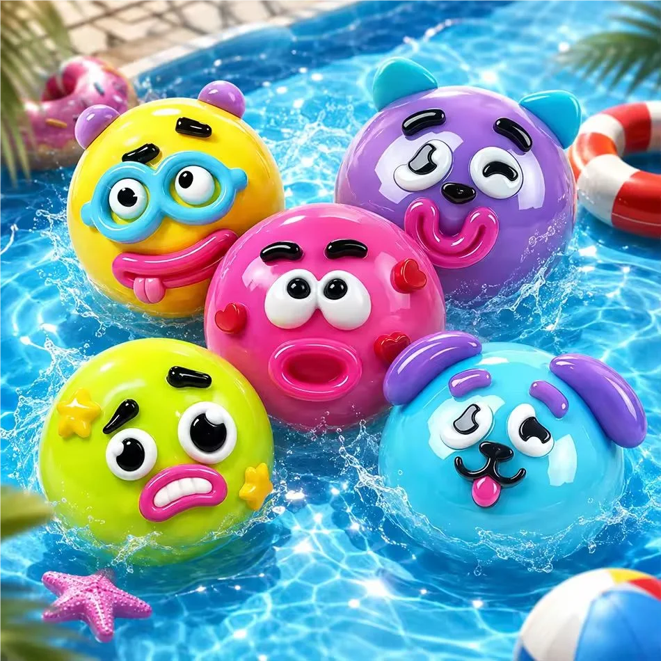 Colorful squishy toys shaped like various animal faces floating in water